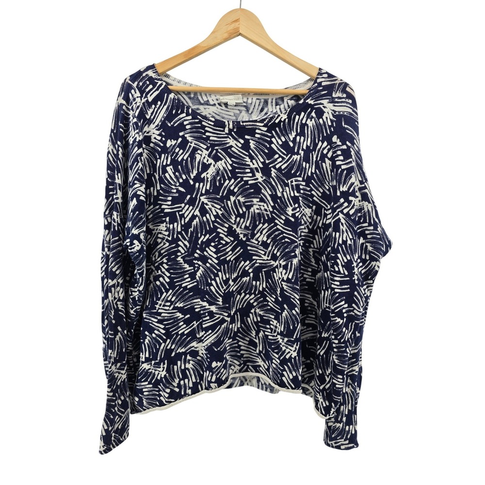 Garnet Hill Sweater Womens XL Blue White Silk Cotton Abstract Boat Neck Relaxed